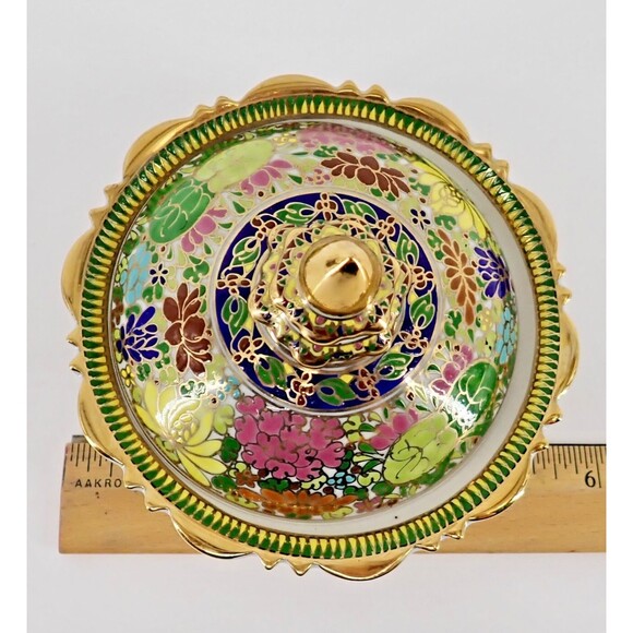 Hand Thai Painted Gold Tone Pottery BENJARONG Porcelain Cup & Lid Cloisonné 4.5" - Picture 12 of 14